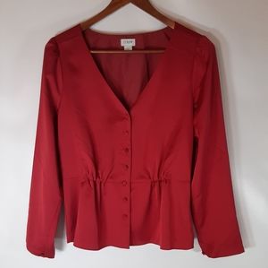 J. Crew Size 10 Red Satin Like 100% Polyester Long Sleeve Blouse w/ Side Zipper